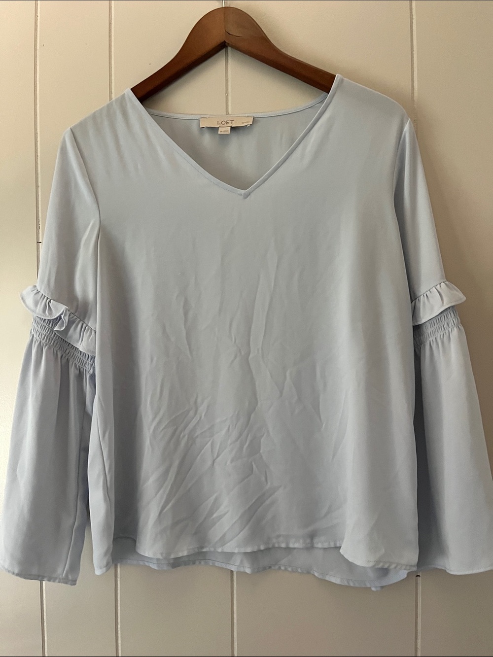 LOFT Pale Blue V-Neck Ruffle Sleeve Blouse